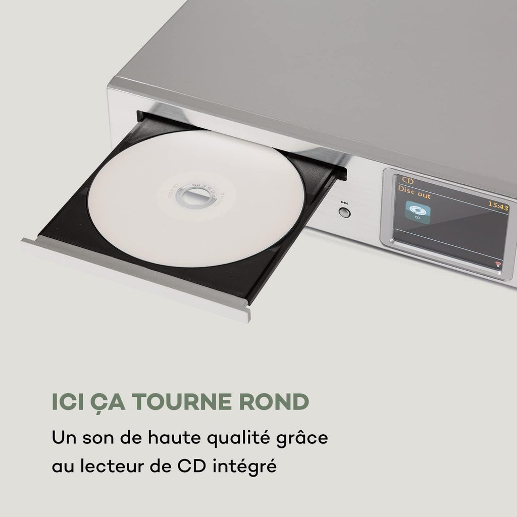 AUNA iTuner CD Récepteur HiFi - Tuner Internet Radio, Tuner HiFi, Radio FM, Dab+, Lecteur CD, Connexions Multiples, WiFi, Spotify Connect, UNDOK, USB - no Bluetooth, Argent