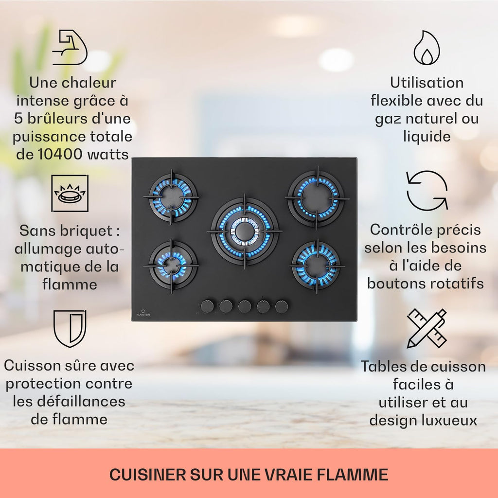 Klarstein Table de Cuisson à Gaz, Plaque de Cuisson Gaz à 5 Brûleurs, Table de Cuisson Encastrable à 5 Feux de 10400W, Cuisiniere Gaz, Gaziniere Gaz avec Brûleurs en Acier Inoxydable, Cuisinières GPL