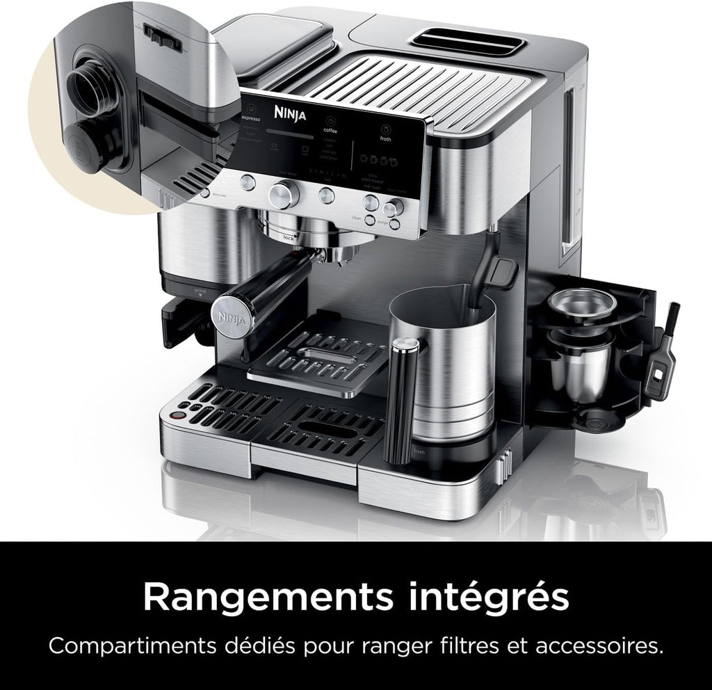 NINJA Machine à café Luxe Essential 2-en-1, Latte, Cappuccino et Espresso avec broyeur à grains et mousseur à lait intégrés, facile à utiliser, 2 préréglages mousse, argent, ES501EU
