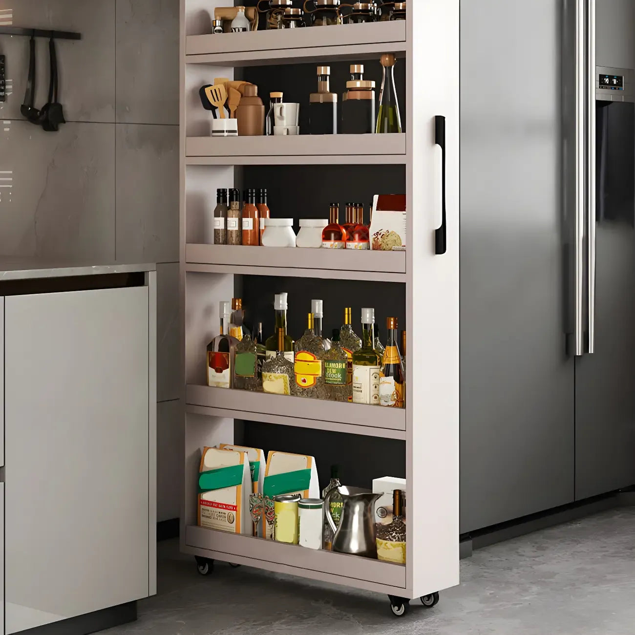 Modern Wooden Buffet Table with Open Shelves and Caster