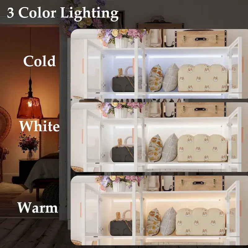 47.2 Wide Armoire LED Light All Glass Door Closet Cabinet Wardrobe