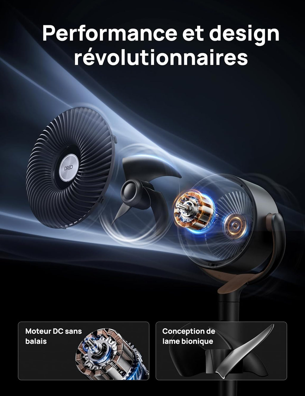 DREO ventilateur sur pied silencieux 20 dB avec oscillation omnidirectionnelle 120°+120°, portée du vent 26 m, débit d’air 1615 m³/h, circulateur Turbo, hauteur réglable 94–107 cm, 3 modes, 8 vitesses