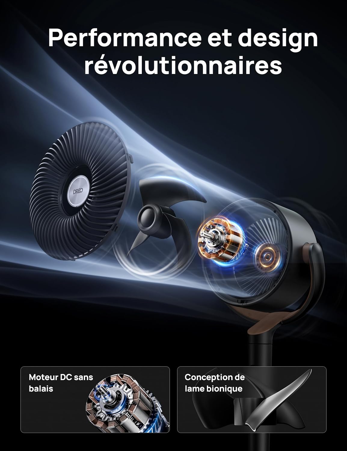 DREO ventilateur sur pied silencieux 20 dB avec oscillation omnidirectionnelle 120°+120°, portée du vent 26 m, débit d’air 1615 m³/h, circulateur Turbo, hauteur réglable 94–107 cm, 3 modes, 8 vitesses