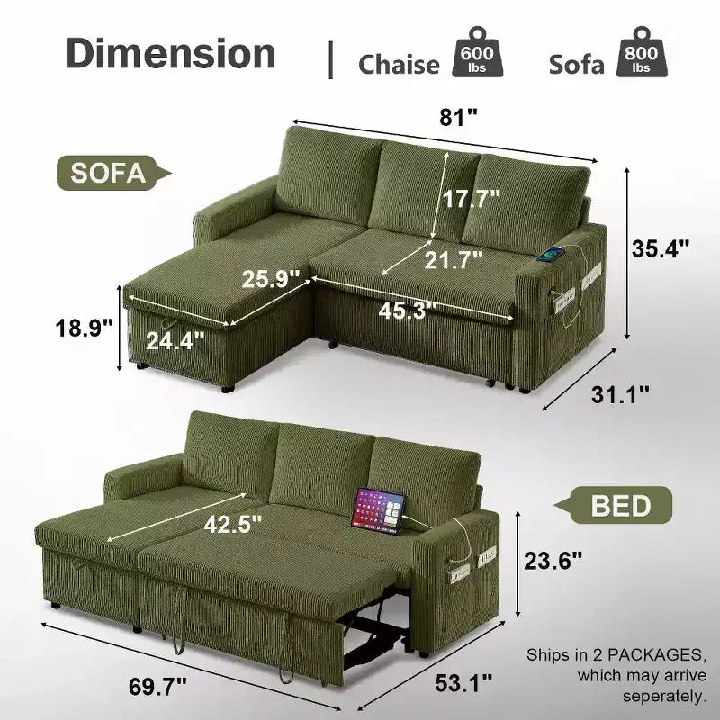Dyonery 81 Sectional Sleeper Sofa, L-Shaped Pull Out Couch with Reversible Storage Chaise, USB, Reclining Backrest