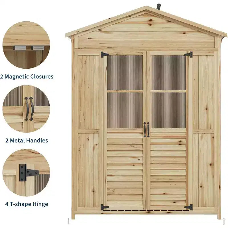 Weather-Resistant Wooden Patio Cabinet  Fir Wood with Waterproof Roof, 6 Adjustable Shelves, Stakes & Anti-Falling Kits  Ideal for Garden Tools