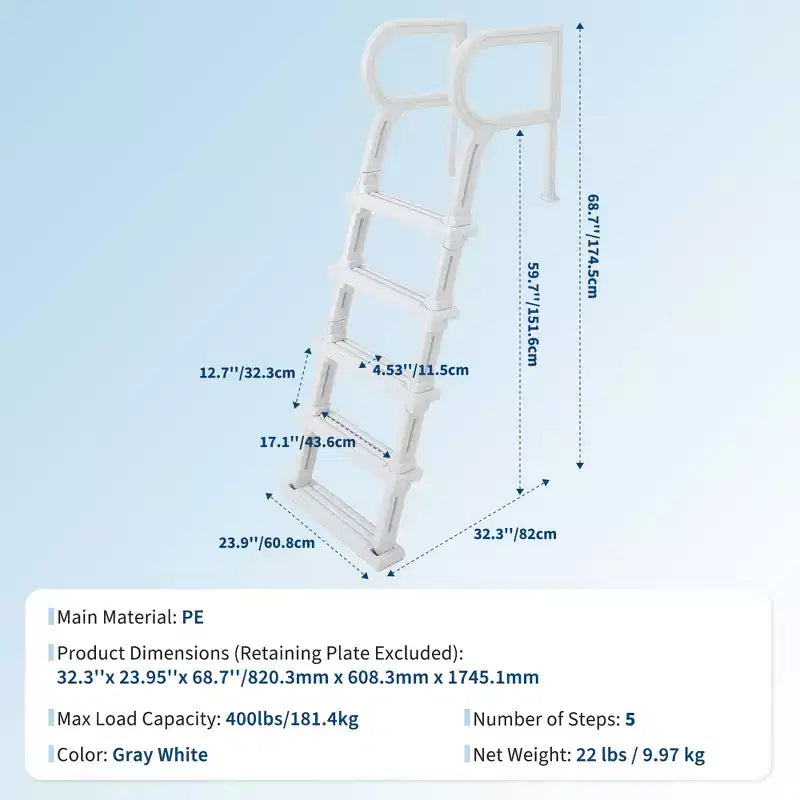 Heavy Duty 5-Step Swimming Pool Ladder with Double Handrails  Non-Slip Sturdy PE Steps  400 lbs Capacity Fits 48-54 Inground & Above Ground Pools