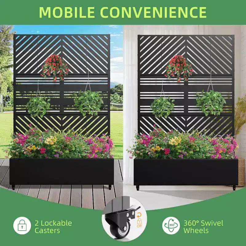 MAYEERTY Planter Box with Trellis Iron Black Parallel Line 01 Louvered Classic Combined Style 72x47x16in 3-Piece Set