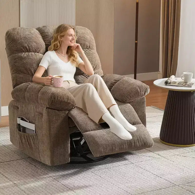 Massage Recliner Chair with Heat - 360 Swivel Rocker, Oversized Single Sofa w/ Vibration, USB & Storage Pockets for Living Room/Bedroom