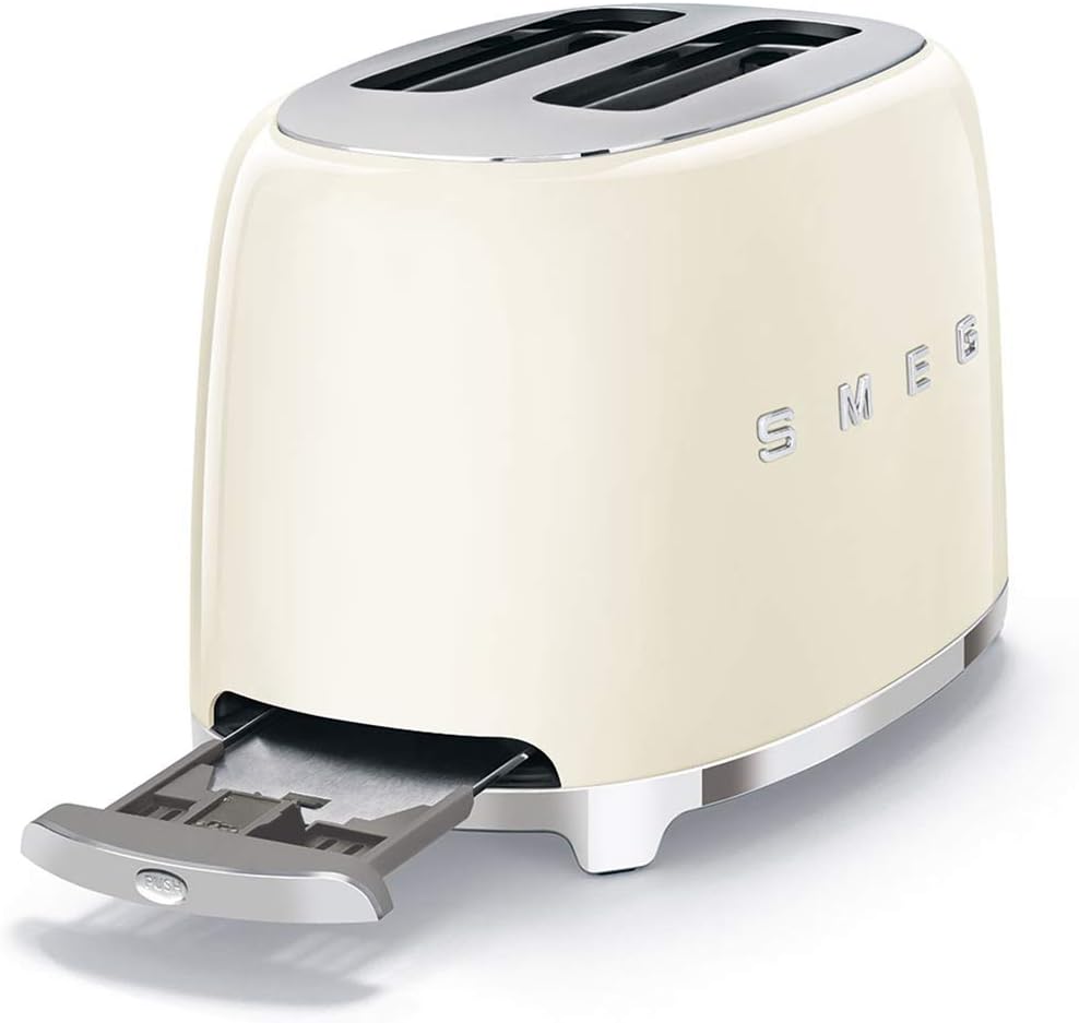 Smeg, Grille-pain 2 Tranches TSF01CREU, 2 Fentes 36 mm, 6 Niveaux de Brunissage, Fonction Chauffage, Décongélation et Bagel, Éjection Automatique du Pain, Ramasse Miettes, 950 W, Crème