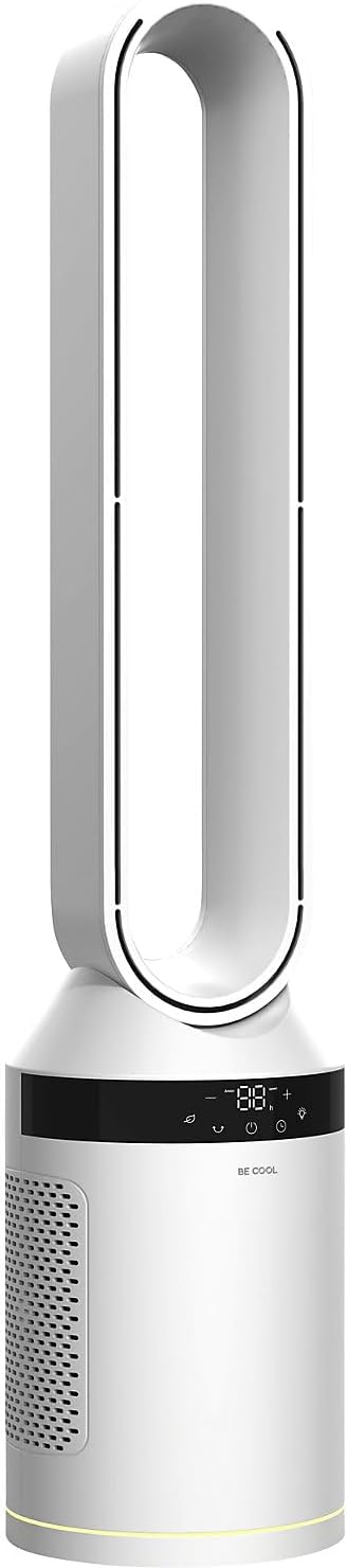 BE COOL Ventilateur tour sans rotor 40 W, moteur CC silencieux, 12 niveaux, 3 modes, oscillation à 70°, minuterie 12h, télécommande, écran tactile LED, fonction anions, éclairage ambiant