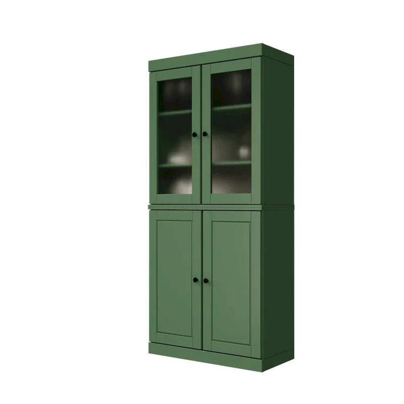 100% Solid Wood Pantry Cabinet with Frosted Glass Doors, Solid Doors, 2-Drawers and Adjustable Shelves