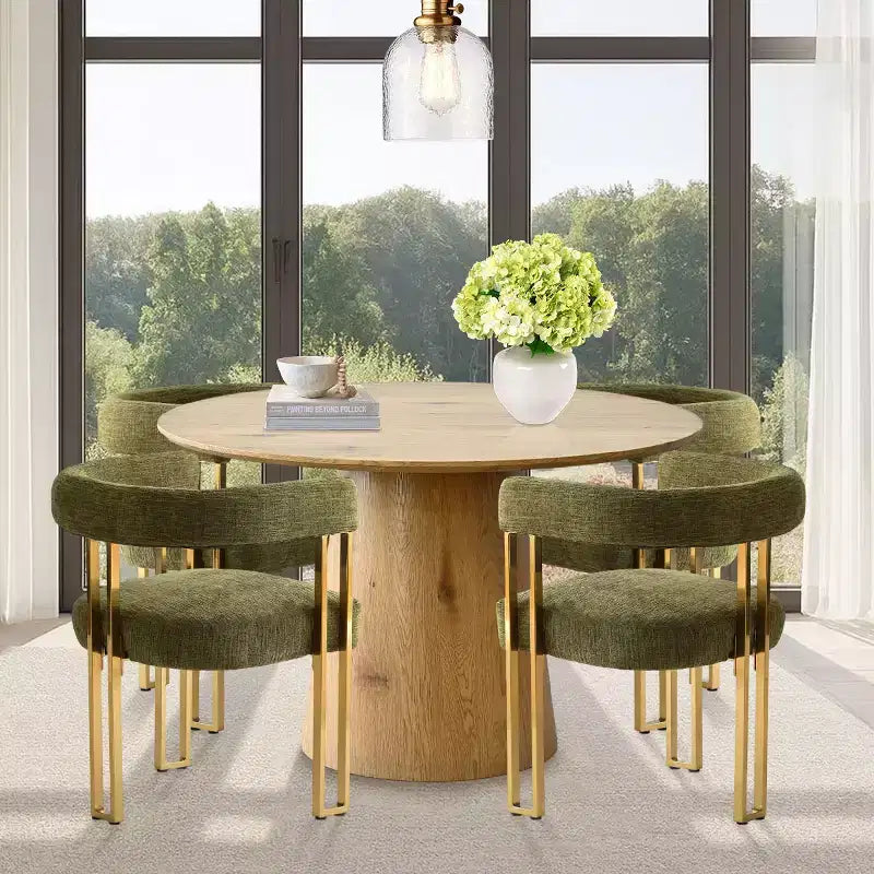 Expandable Round to Oval Dining Table Set with 4 Velvet Armchairs, Modern Pedestal Design, Seats Up to 8 People-Panipeachy