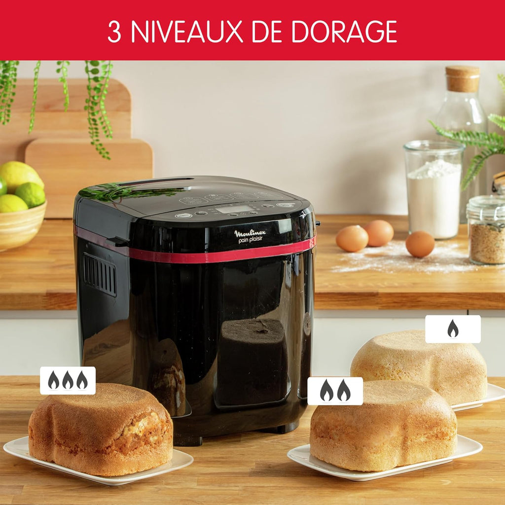 Moulinex Pain Plaisir Machine à pain, 1 Kg, 720W, 17 programmes, Programme sans gluten, Pain maison, Pizza, Départ différé 15 heures, 3 niveaux de dorage, OW220830 Noir