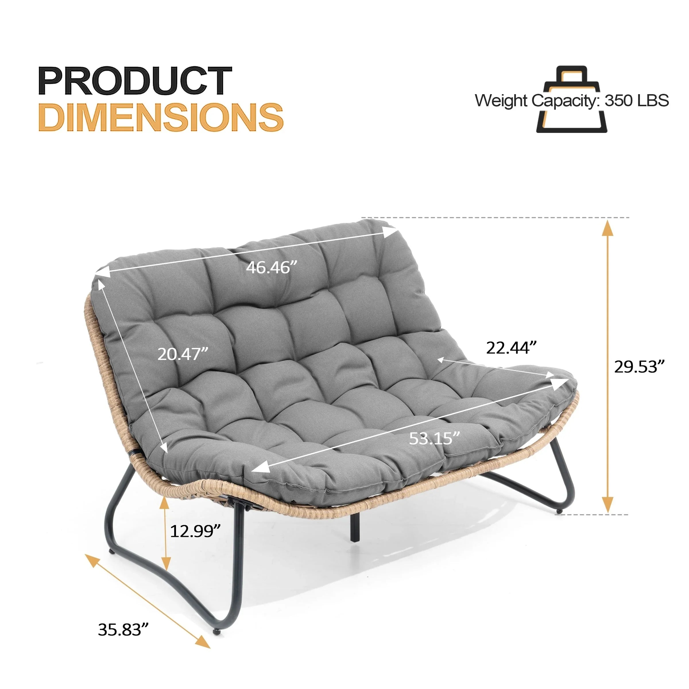 Double Papasan Chair Loveseat with Cushion, All-weather PE Rattan and Metal Frame for Indoor Outdoor