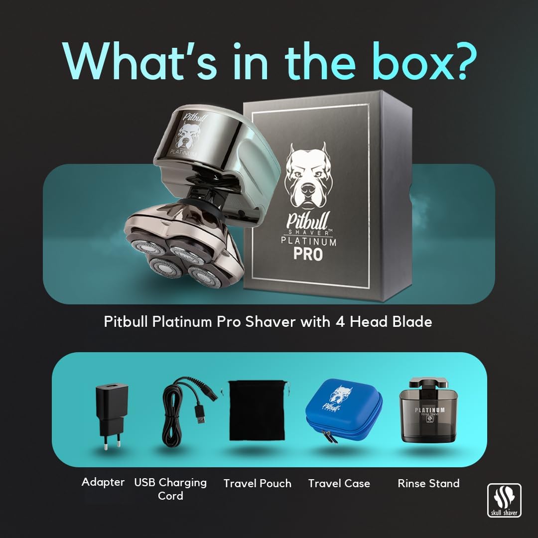 Skull Shaver Pitbull Platinum Pro - Rasoir Électrique Homme - Sans Fil, Rechargeable, Humide/Sec, Ergonomique pour Crâne Chauve - Avec Socle de Rinçage et Étui de Voyage
