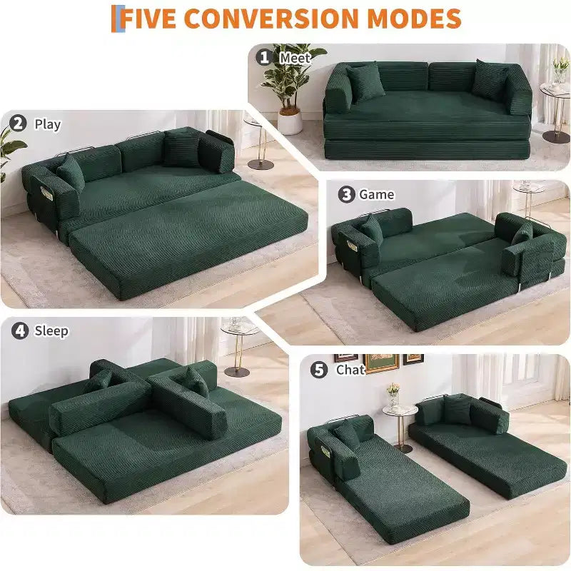 5-in-1 Convertible Sofa Bed, 78.8 Modular Corduroy Sleeper with Sturdy Frame, Multi-Functional Futon for Small Space, Living Room & Guest Room
