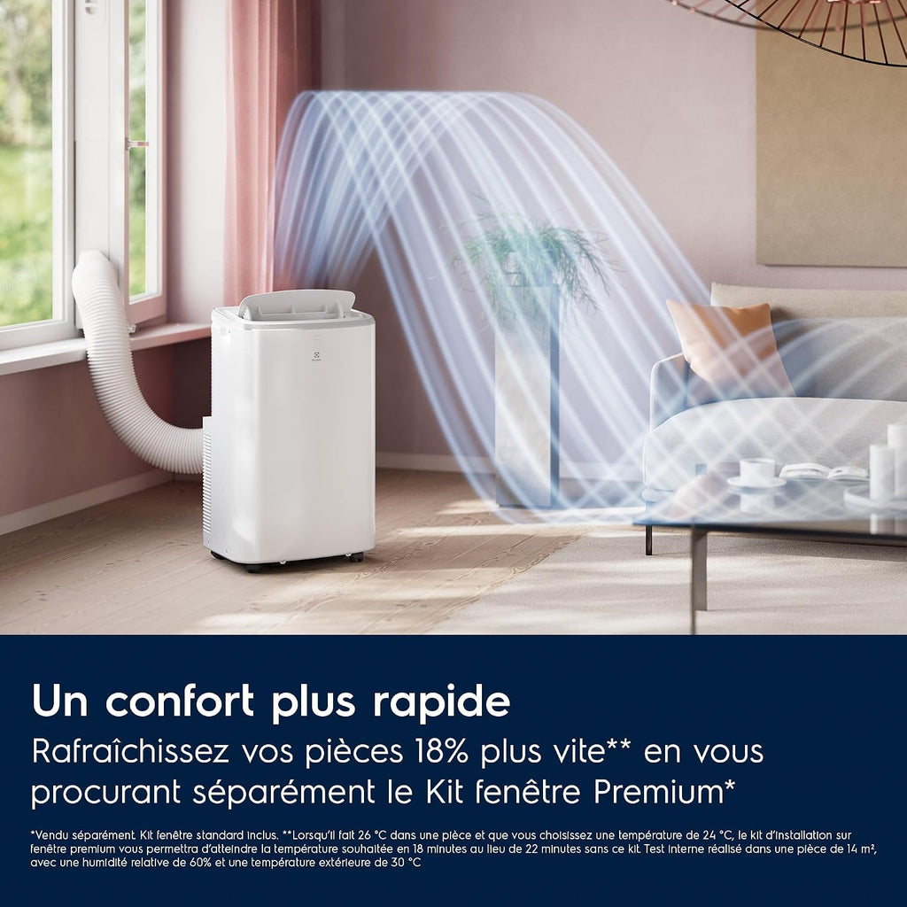 Electrolux Climatiseur Mobile 9000 BTU Silencieux, Clim Portable 3-en-1 R290 2,6 kW, Déshumidificateur et Ventilateur, WiFi, Télécommande, Blanc, Classe Énergétique A, Modèle EXP26U339AW