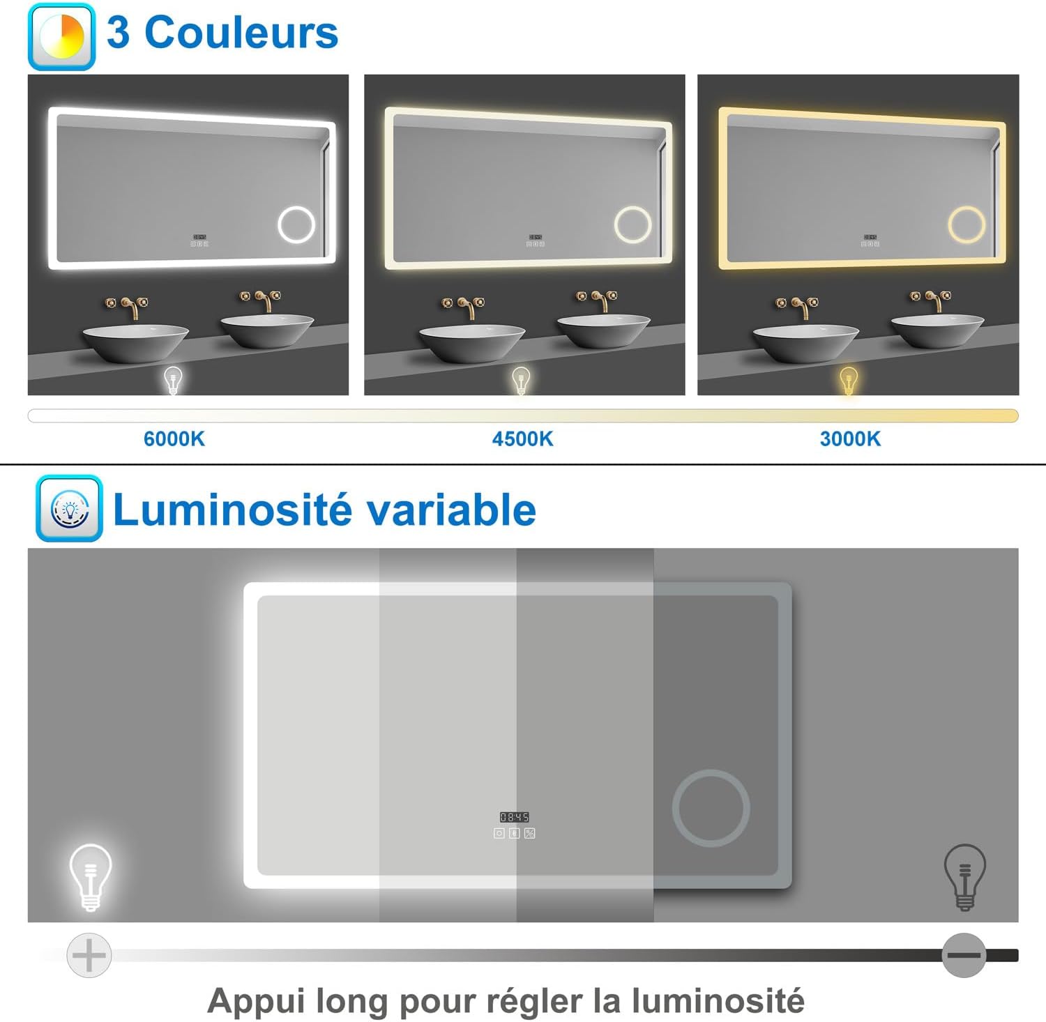 AICA Miroir Salle de Bain rectangulaire 120 x 70cm, Bluetooth + 3 Couleurs + dimmable + grossissant + Horloge + Anti-buée + mémoire, Miroir Lumineux
