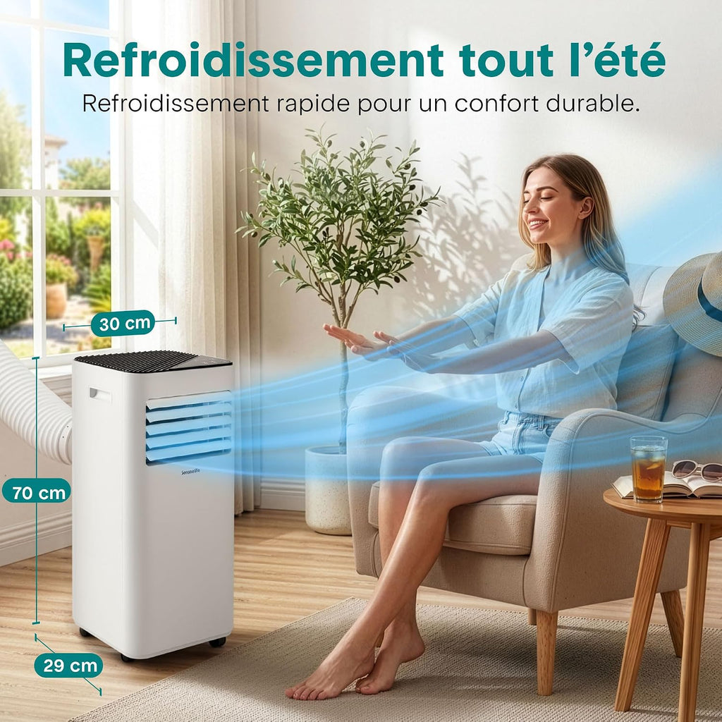 SereneLife Climatiseur Mobile 9000 BTU – Portable Silencieux 55 dB, 31 m² Ventilateur et Déshumidificateur, Rafraîchisseur d’Air, Télécommande, Écran LED