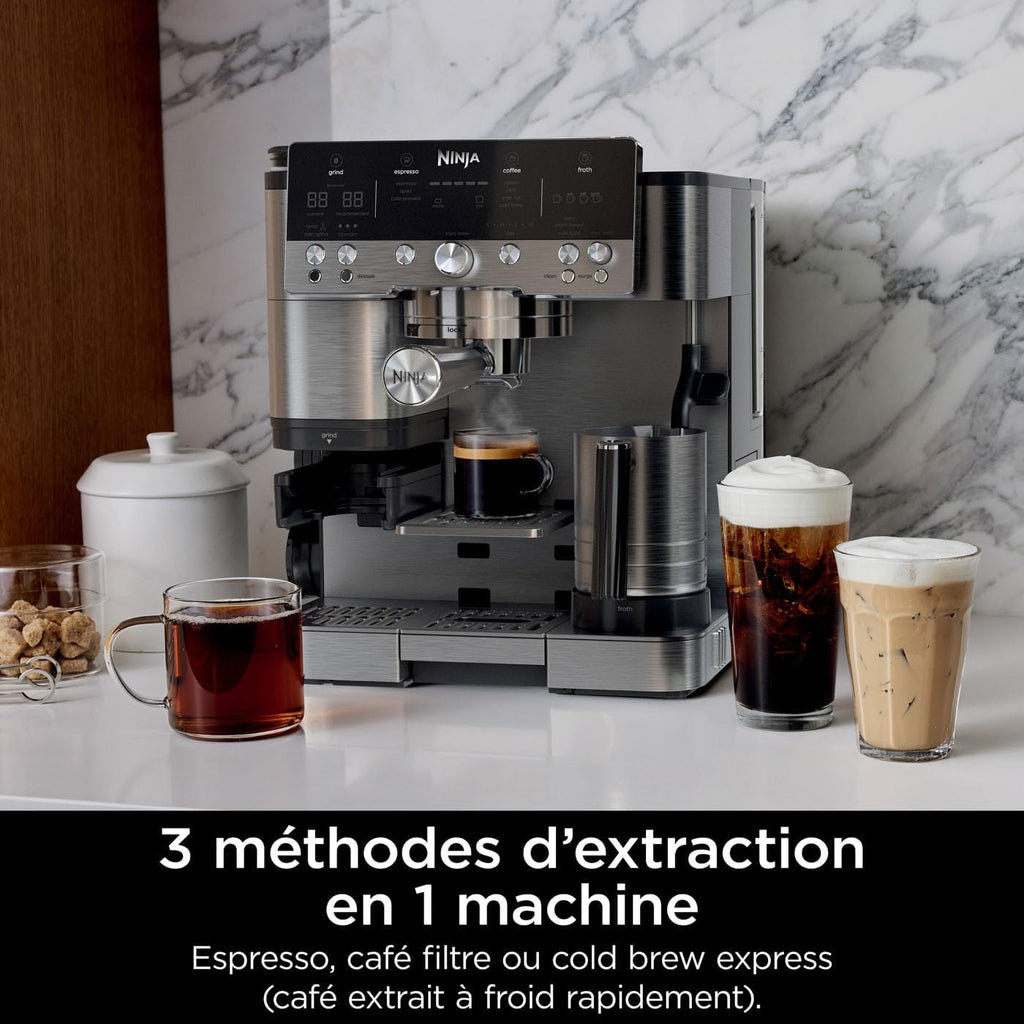 NINJA Machine à café Luxe Essential 2-en-1, Latte, Cappuccino et Espresso avec broyeur à grains et mousseur à lait intégrés, facile à utiliser, 2 préréglages mousse, argent, ES501EU