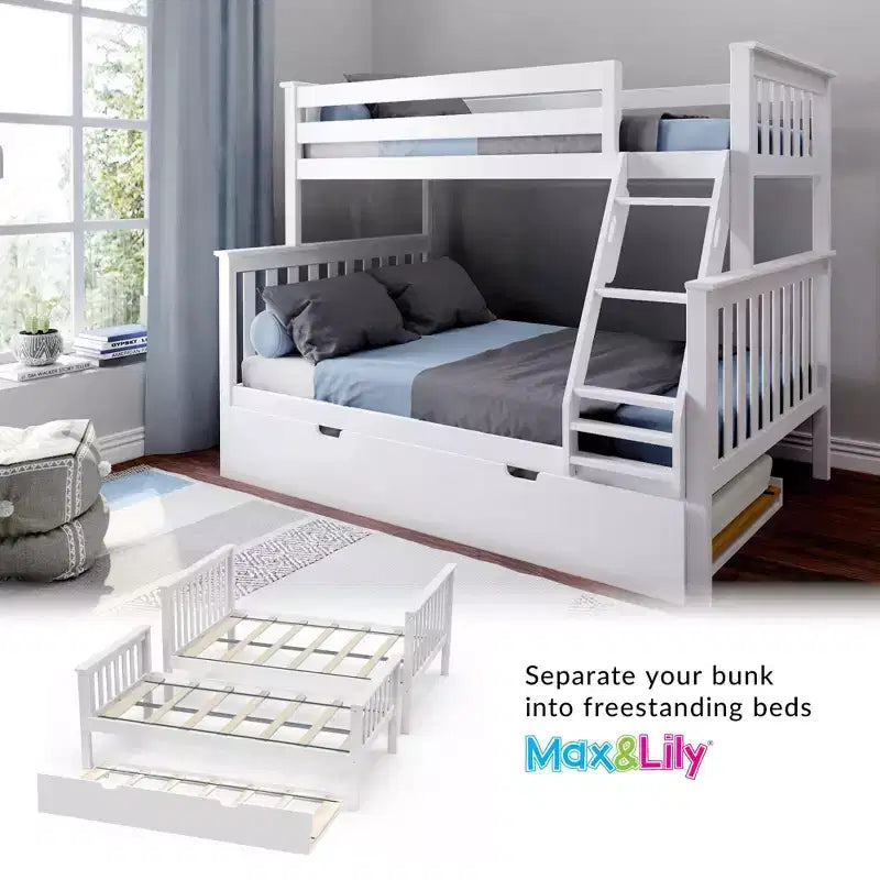 Max & Lily Solid Wood Bunk Bed, Twin over Full with Storage Trundle and Ladder for Kids