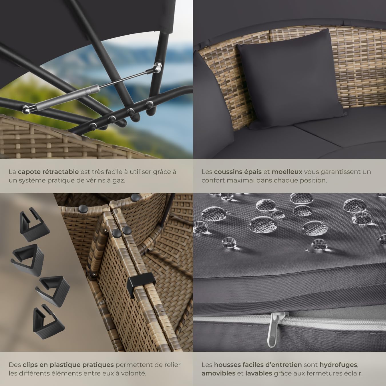tectake Bain de soleil Salon de jardin exterieur Modulable en Résine tressée avec Pare Soleil Pliable, Coussins Inclus, Chaise longue Relax Mobilier de Jardin pour Amenagement Balcon Terrasse Veranda