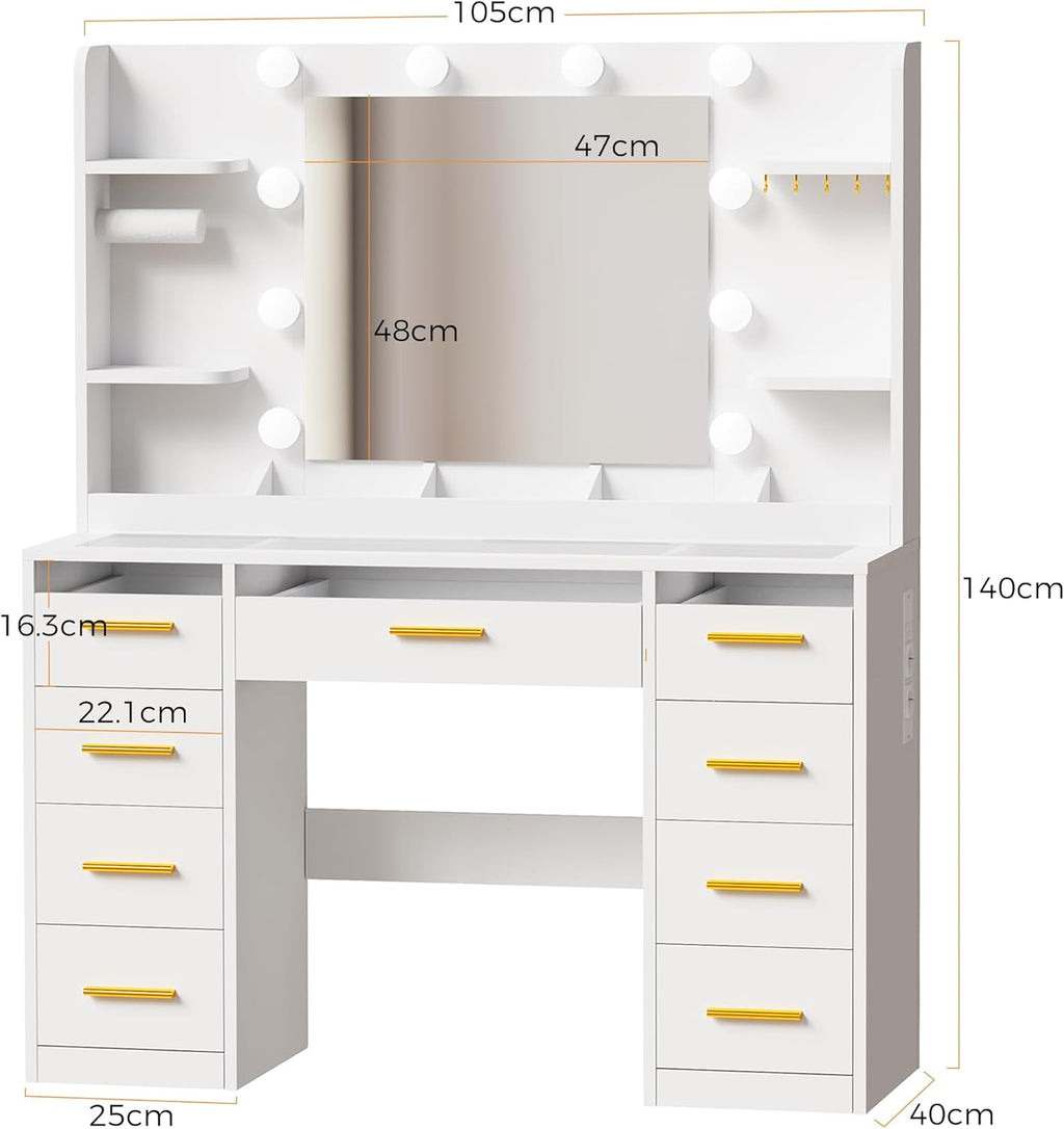 ANWBROAD coiffeuse blanche avec miroir et éclairage LED 3 couleurs, plateau en verre, 9 tiroirs RGB, 4 étagères, prise intégrée