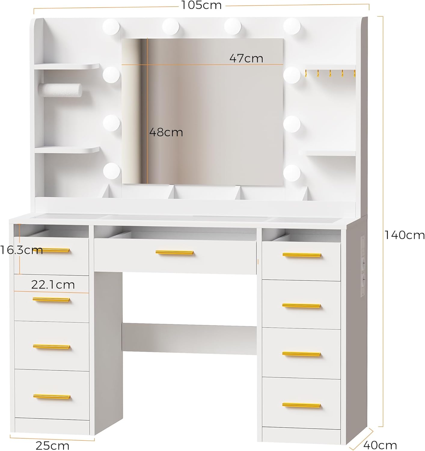 ANWBROAD coiffeuse blanche avec miroir et éclairage LED 3 couleurs, plateau en verre, 9 tiroirs RGB, 4 étagères, prise intégrée