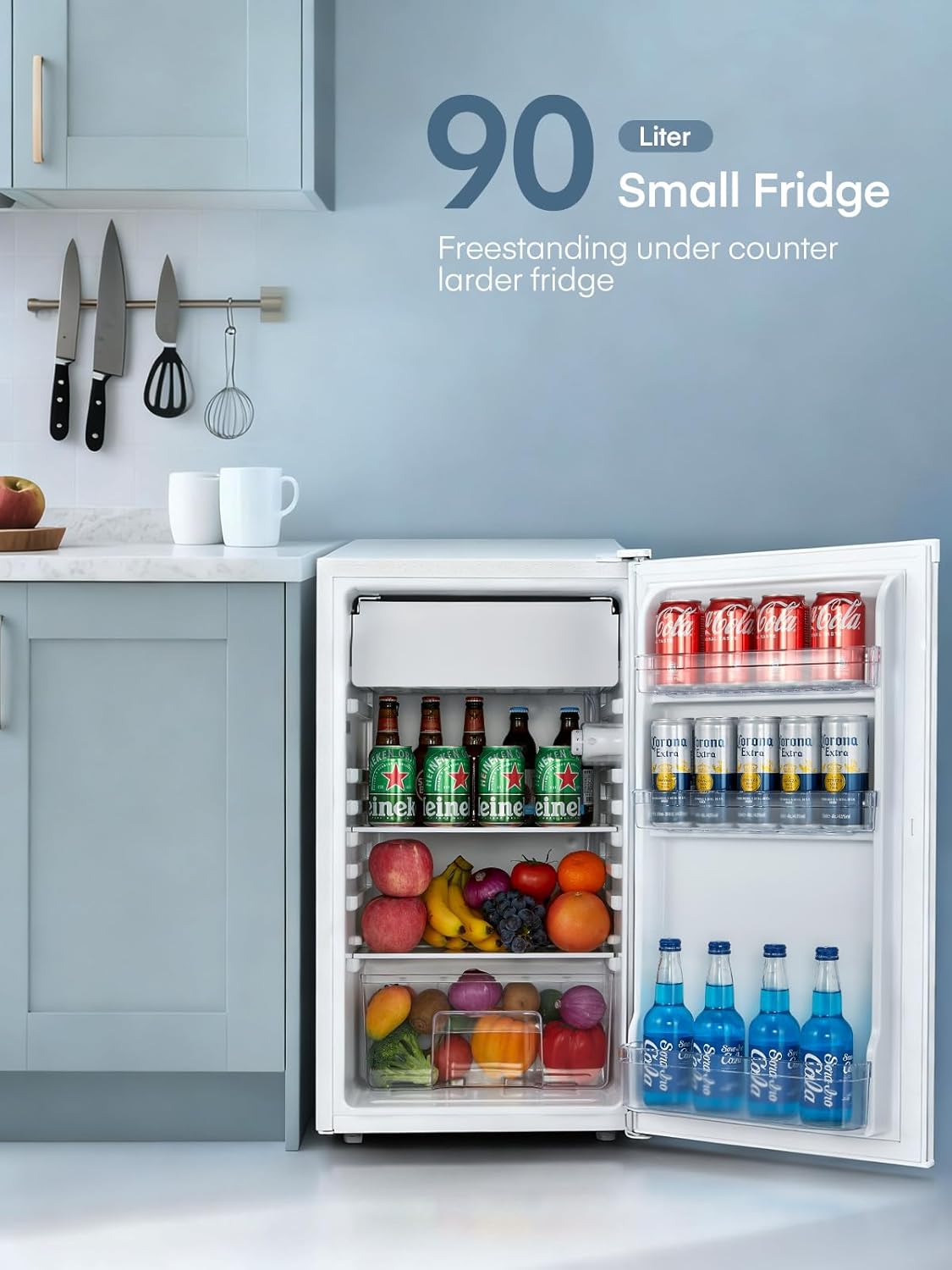 FOHERE Petit Frigo avec Congélateur de 91L, Réfrigérateur à une porte, Bac à Légumes, Thermostat Réglable, Silencieux, Petit Frigo de Bureau, Porte Réversible, Dortoir, Chambre, Blanc