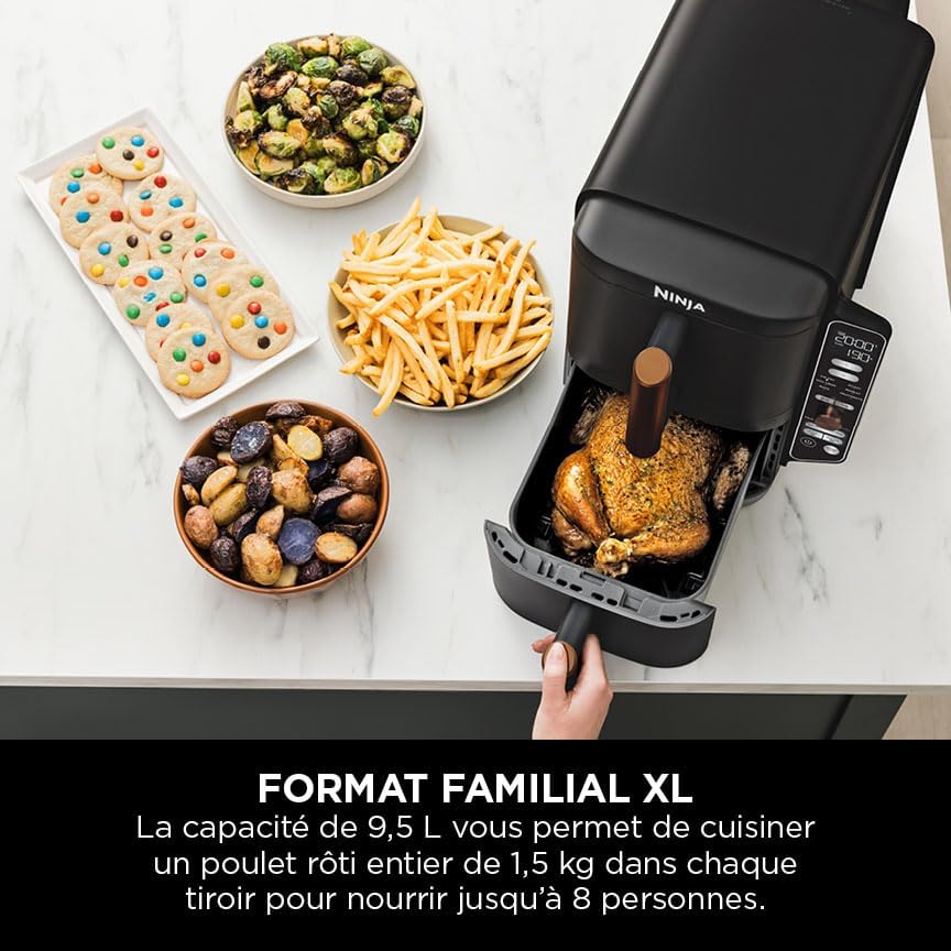 NINJA Double Stack XL Air Fryer 2 Compartiments Verticale, Compact, 4 Niveaux de Cuisson, Capacité de 9,5L, Air Fryer 6-en 1, Pièces Antiadhésives Amovibles Lavables Au Lave-Vaisselle, Noir/Cuivre