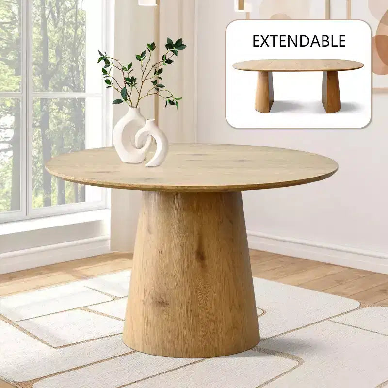 Expandable Round to Oval Dining Table Set with 4 Velvet Armchairs, Modern Pedestal Design, Seats Up to 8 People-Panipeachy