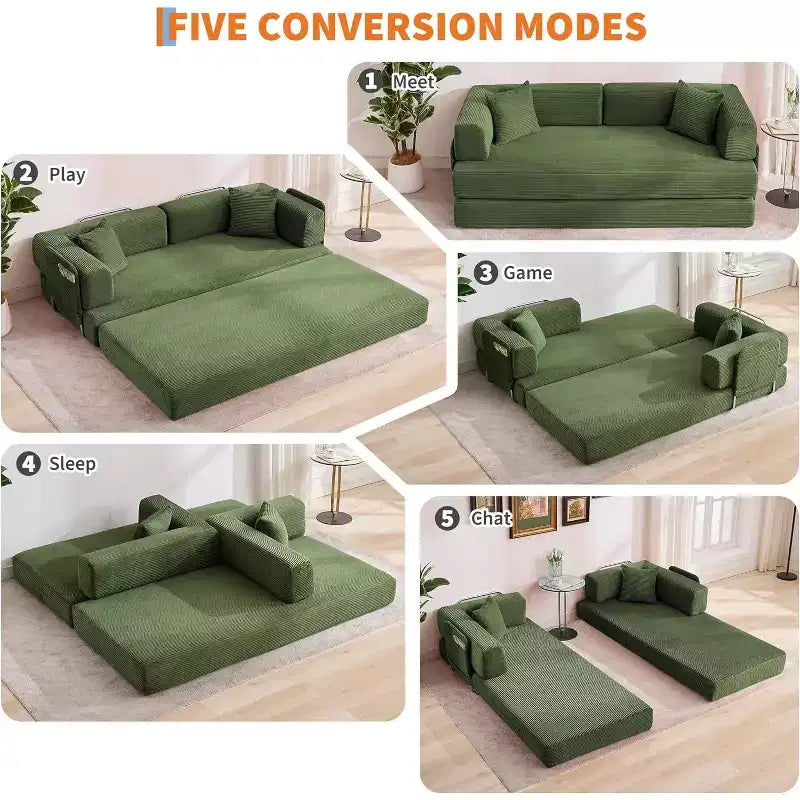 5-in-1 Convertible Sofa Bed, 78.8 Modular Corduroy Sleeper with Sturdy Frame, Multi-Functional Futon for Small Space, Living Room & Guest Room