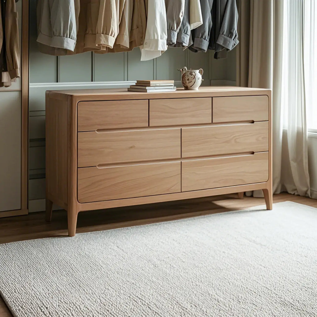 Traditional Natural Oak Wood Double Dresser for Bedroom