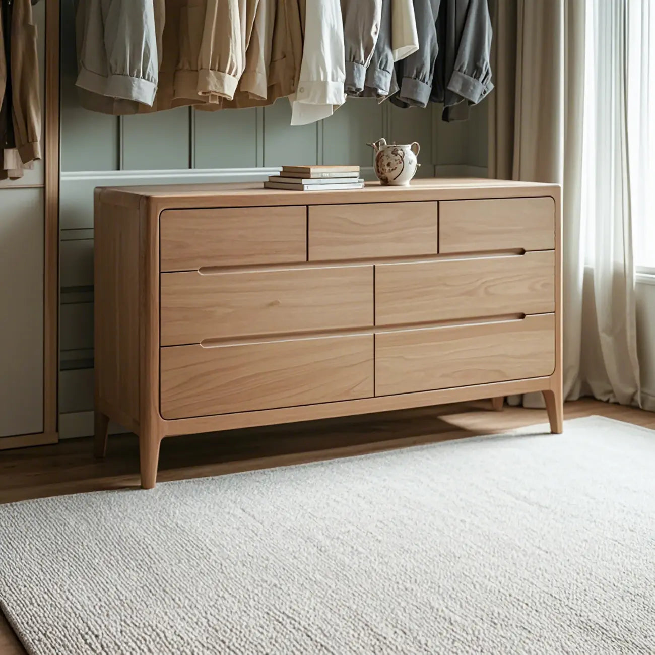 Traditional Natural Oak Wood Double Dresser for Bedroom