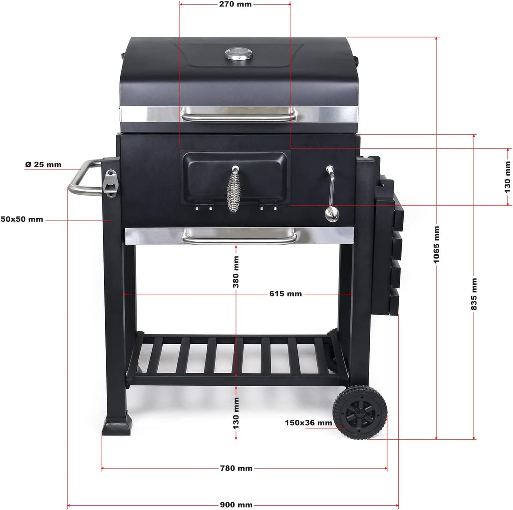 Wiltec Chariot Barbecue à Charbon 1130x475x 1000mm Clapet anti-feu Hauteur réglable Thermomètre Espaces rangement Ouvre-bouteille Grillade Jardin BBQ