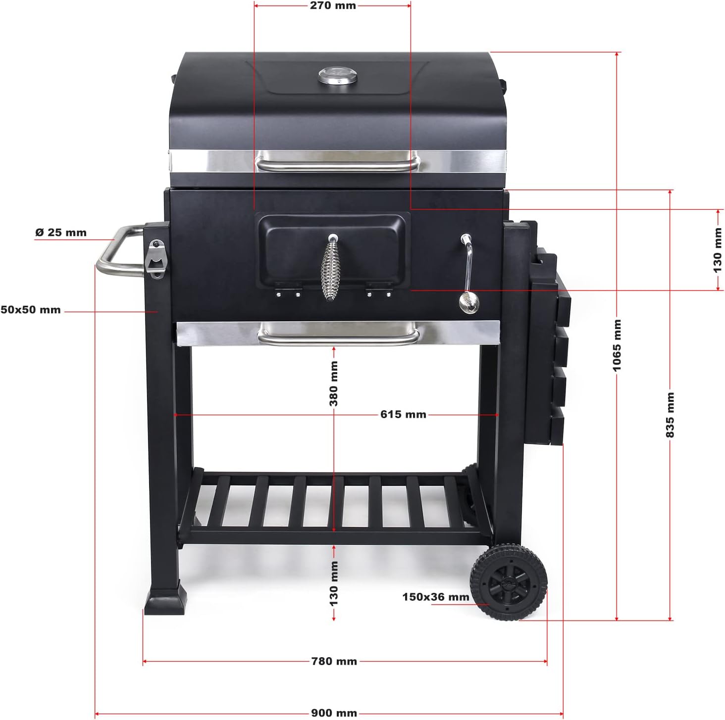 Wiltec Chariot Barbecue à Charbon 1130x475x 1000mm Clapet anti-feu Hauteur réglable Thermomètre Espaces rangement Ouvre-bouteille Grillade Jardin BBQ