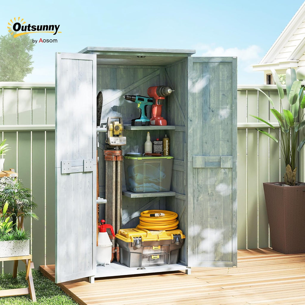 Outsunny Armoire de Jardin, Armoire extérieure de Rangement en Bois avec 2 Portes verrouillables, 2 étagères et 10 Crochets, Toit en Asphalte étanche, pour Balcon, terrasse, 85 x 54 x 170 cm, Gris