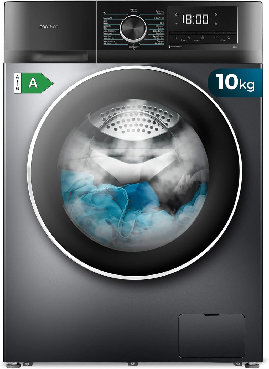 Cecotec Lave-linge 10Kg Chargement Frontal Bolero Dresscode 10500 Inverter Steel A, 1950W, 1400 rpm, Moteur Inverter Plus, Basse Consommation, 16 Programmes, Lavage Vapeur, Delay Start, Acier