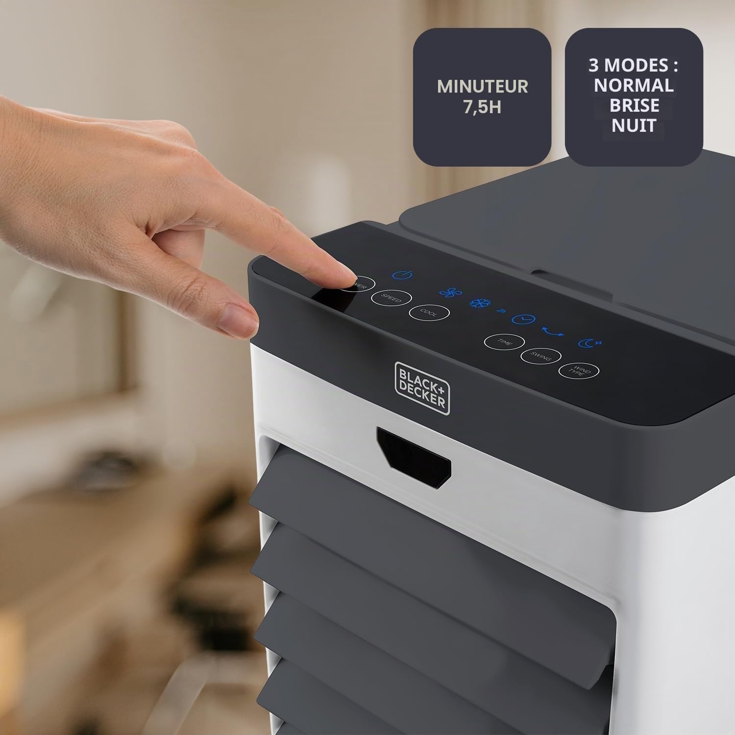 BLACK+DECKER - Rafraîchisseur d'air évaporatif 75 W | Réservoir 5 L | Oscillation | Écran digital | Télécommande | Minuterie 7,5 h | 3 vitesses et modes | 4 bacs à glace | Roulettes