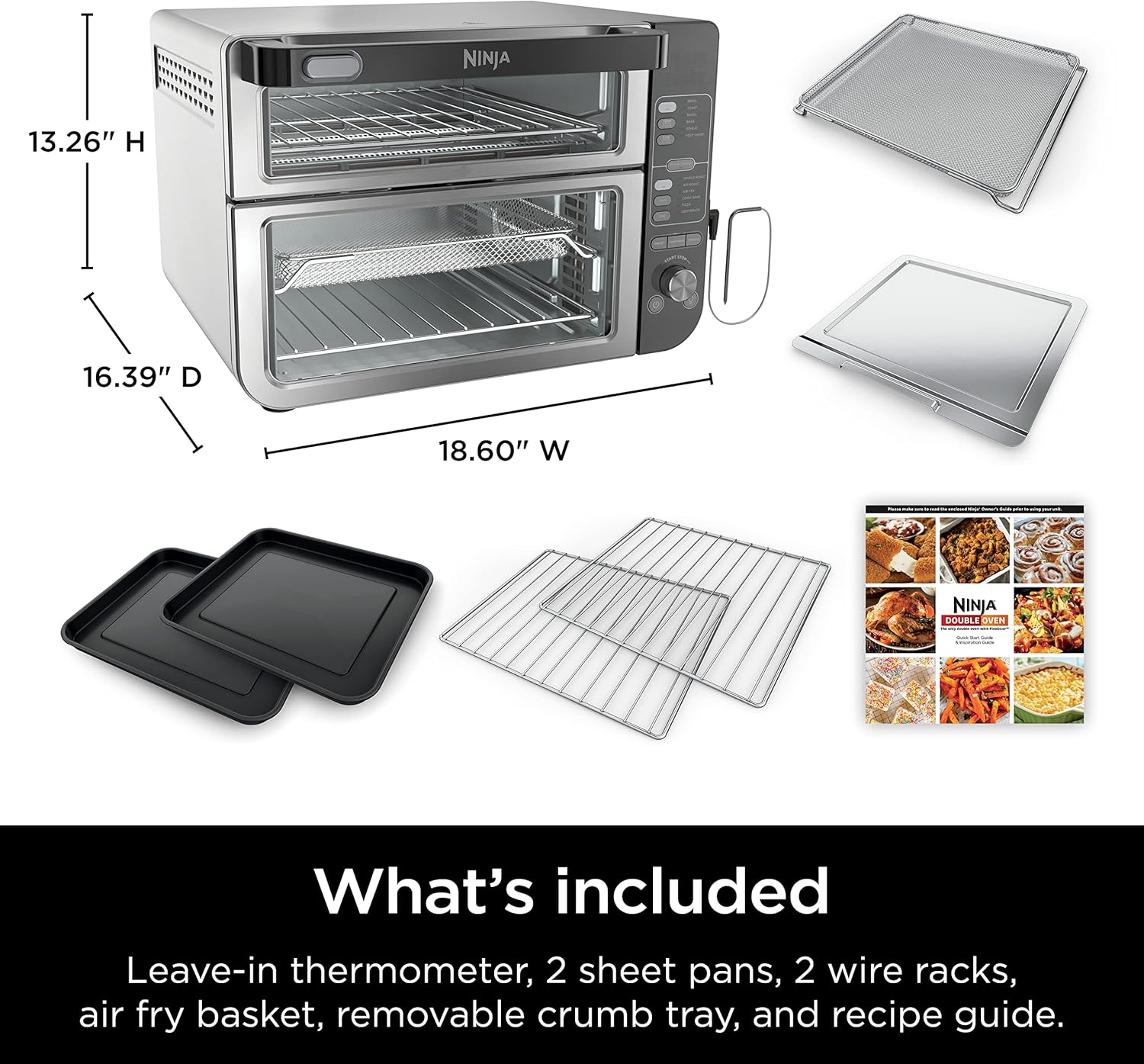 Ninja - Four double intelligent 12 en 1 DCT451 avec FlexDoor, thermomètre, FlavorSeal, finition intelligente, convection supérieure rapide et fond frit à l'air, acier inoxydable