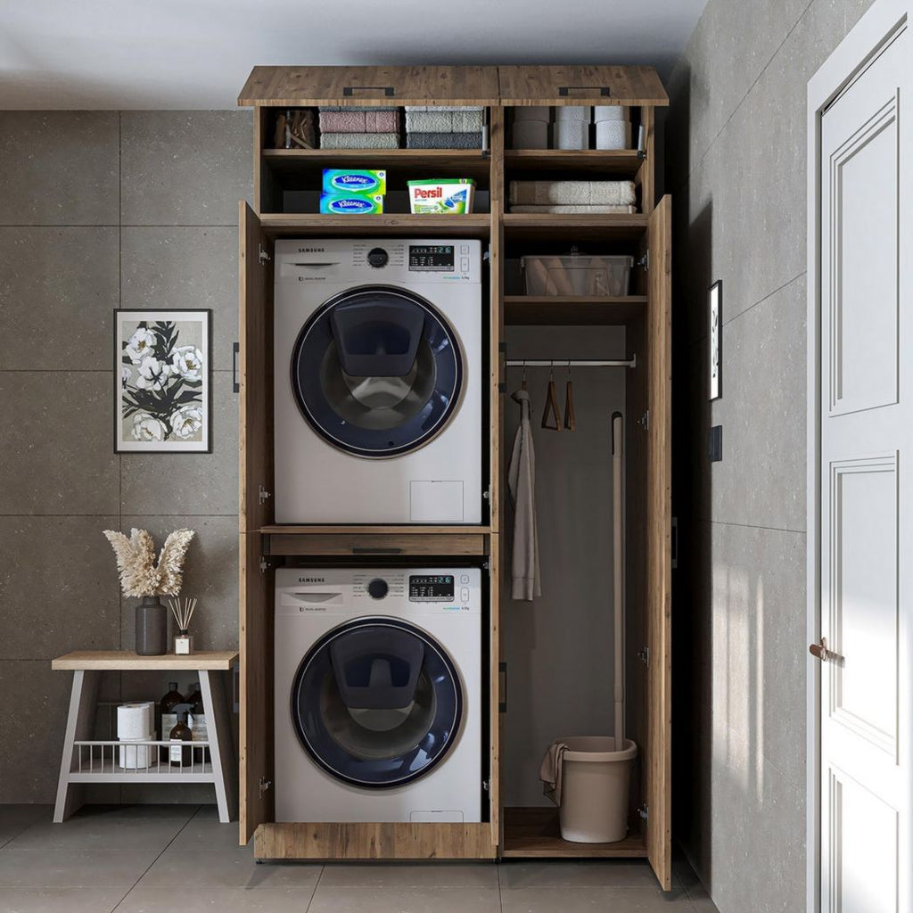 ROOMART Dora - Meuble pour machine à laver - Pour sèche-linge et machine à laver - En 4 couleurs - Avec portes et panneau coulissant - Blanc - Chêne blanc - Chêne anthracite - Chêne blanc (chêne blanc)