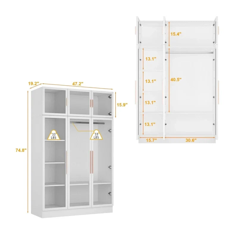 47.2 Wide Armoire LED Light All Glass Door Closet Cabinet Wardrobe