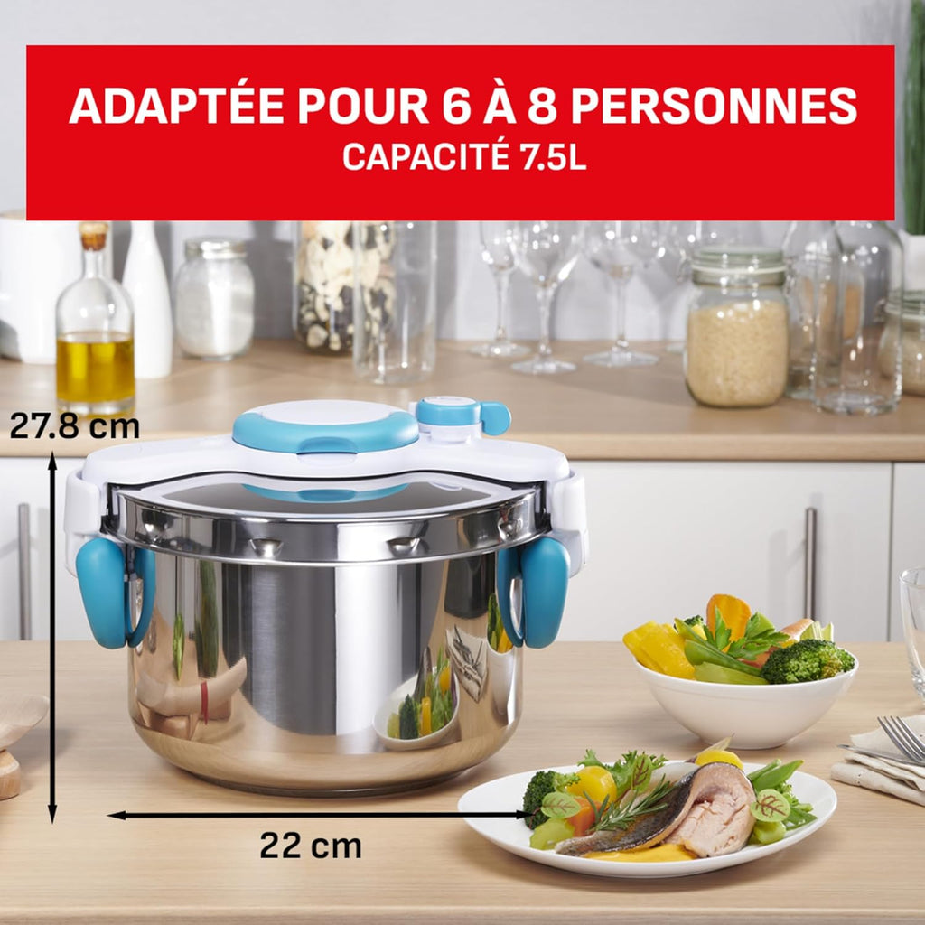 SEB ClipsoMinut'Easy + bleu 7,5L poignées rabattablesCocotte-minute®InductionLivre de 100 recettes Autocuiseur Inox Fabriqué en France Facile à utiliser P4904816