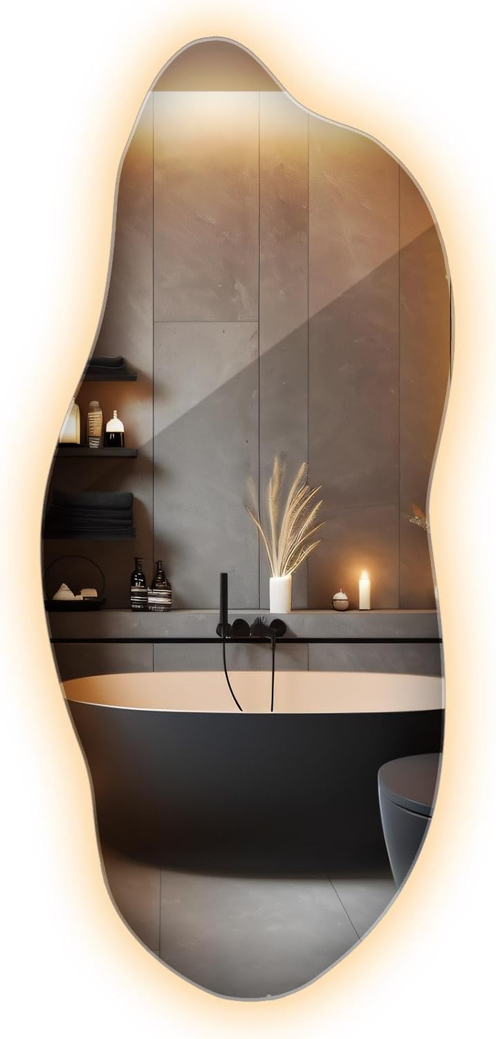 Grand Miroir LED 45x100 cm Blanc Chaud Lumière Chaude Irrégulier Asymétrique Cuisine Miroir Mural sans Cadre Décoration Murale Design Minimalisme Esthétiquement Installation Verticale ou Horizontale