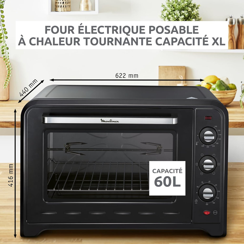 Moulinex Four électrique à chaleur tournante 60 L, 7 modes de cuisson, Tournebroche, Thermostat réglable jusqu’à 240 °C, Timer 120 minutes, 2 grilles réversibles, Optimo, Noir OX495810