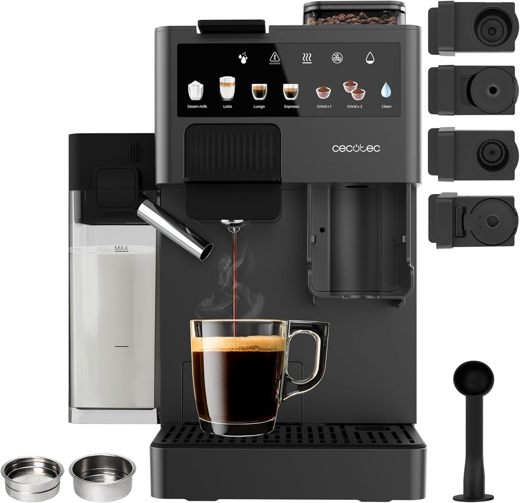 Cecotec Cafetière à Capsules Freestyle Grind & Latte. 1400W, 20 Bars, Multi-capsules, Café en Grains 40g, Moulin Conique, Réservoir d'Eau 1,6L, 300ml Lait, Thermoblock, Écran Tactile, Nettoyage Auto