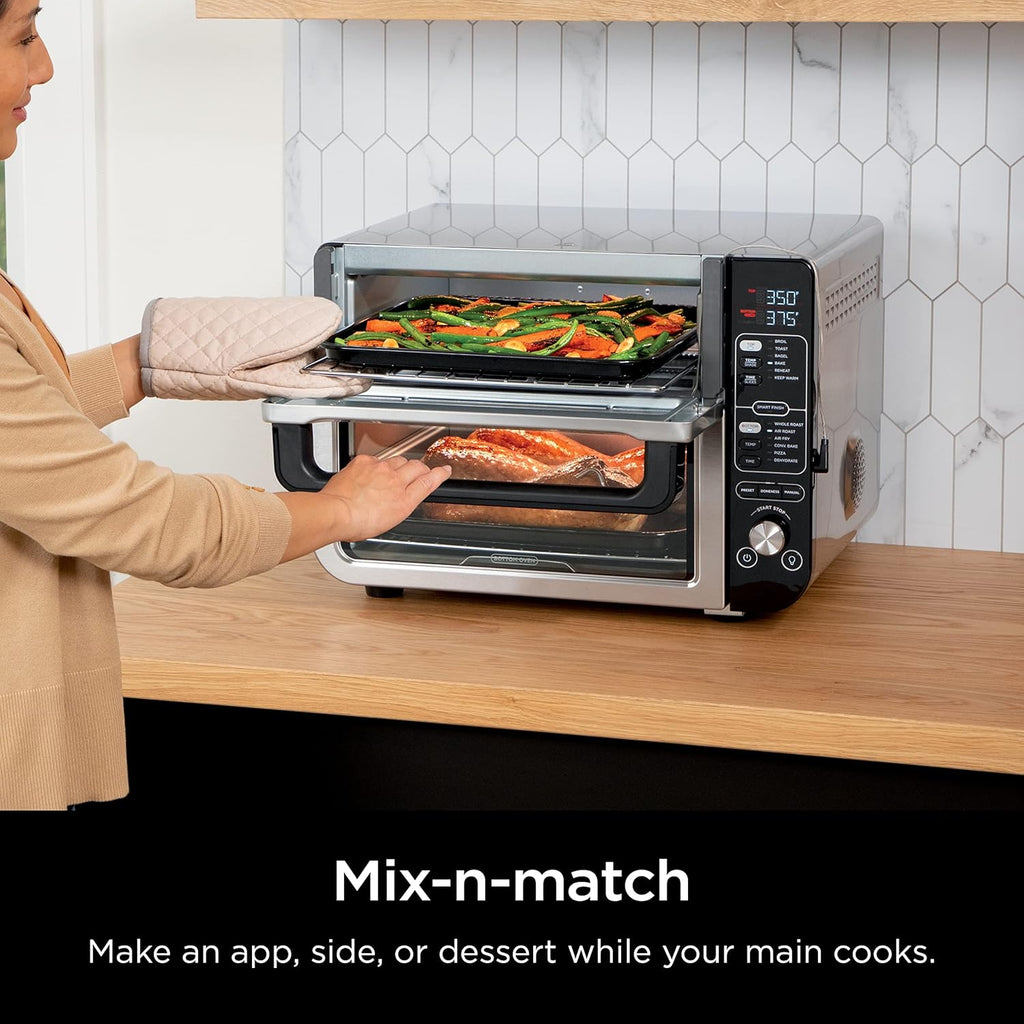 Ninja - Four double intelligent 12 en 1 DCT451 avec FlexDoor, thermomètre, FlavorSeal, finition intelligente, convection supérieure rapide et fond frit à l'air, acier inoxydable