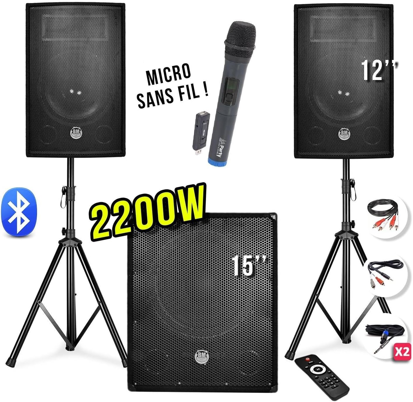 Pack Sono 2200W - Enceintes 12" + Caisson 15" + Pieds + Micro UHF - USB/Bluetooth + câbles