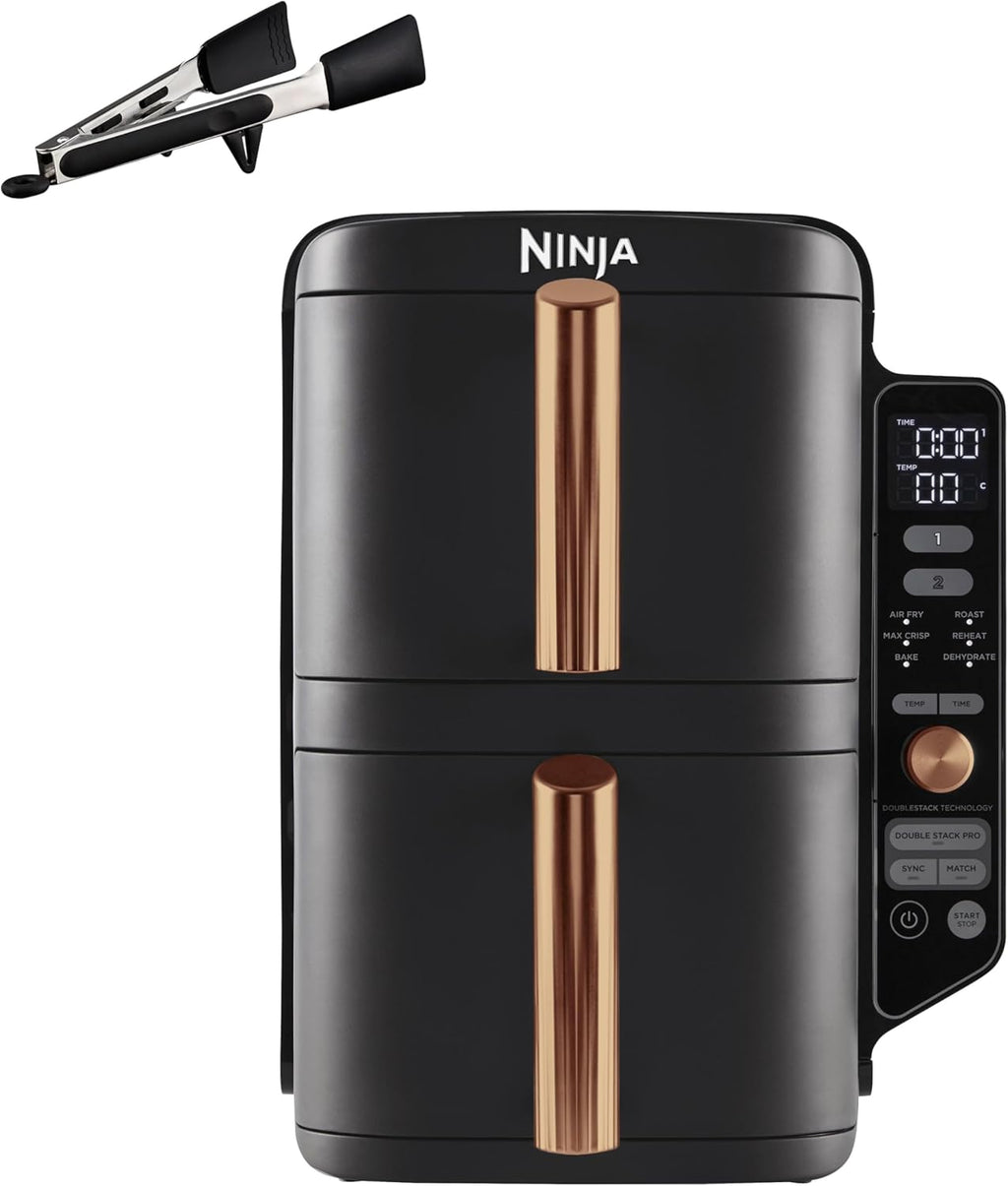 NINJA Double Stack XL Air Fryer 2 Compartiments Verticale, Compact, 4 Niveaux de Cuisson, Capacité de 9,5L, Air Fryer 6-en 1, Pièces Antiadhésives Amovibles Lavables Au Lave-Vaisselle, Noir/Cuivre