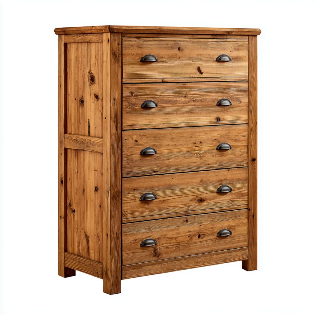 Commode en bois naturel avec cinq tiroirs et poignées métalliques semi-circulaires